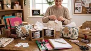 Ideias de presentes de Natal para vender mais na sua loja e fechar o ano com bons resultados 3 Mesa de trabalho com canecas personalizadas, necessaires estampadas e agendas sendo preparadas para venda, demonstrando produtos com apelo afetivo par