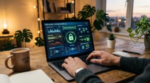 Como adaptar sua PME à lei de proteção do consumidor digital em 5 passos práticos 3 Close de mãos digitando em notebook com elementos visuais de segurança digital e proteção de dados na tela, ambiente de trabalho contemporâneo com ton