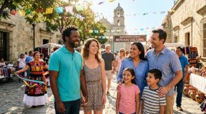 Um grupo diversificado de turistas, incluindo um casal e uma família, sorrendo enquanto apreciam uma experiência cultural local em um ambiente externo
