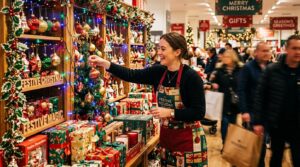 Ideias de presentes de Natal para vender mais na sua loja e fechar o ano com bons resultados 2 Vendedora organizando produtos em uma vitrine natalina com enfeites, luzes piscando e embalagens de presente coloridas, transmitindo a atmosfera movim